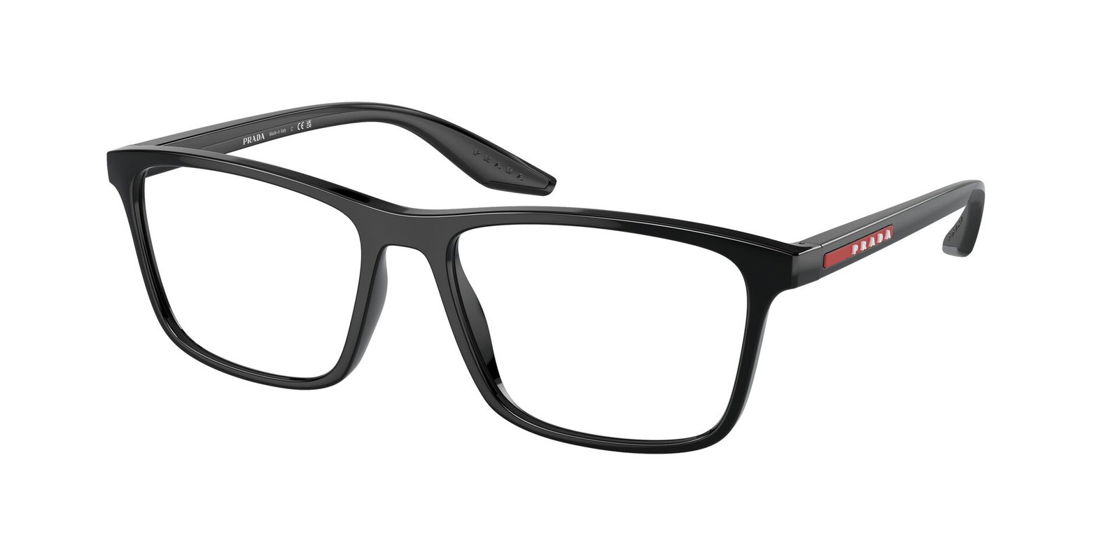 Das Bild zeigt die Prada Linea Rossa Fassung PS01QV  1AB1O1 leicht seitlich.